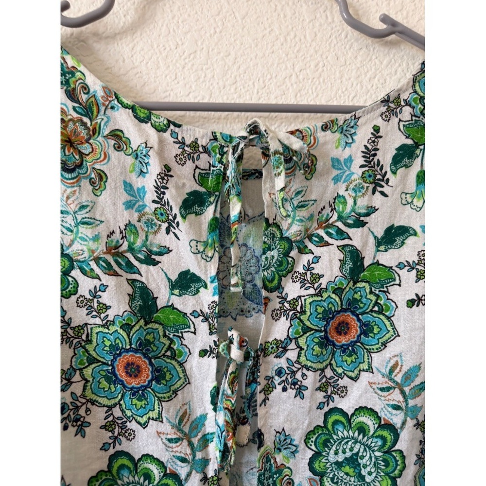 Womens Floral Linen Rayon Sleeveless Blouse Top Green Blue White Tie Back size X - Picture 8 of 13